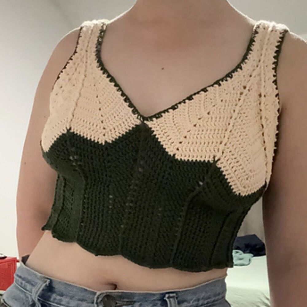 Handmade Green and White Crochet Crop Top V Neck